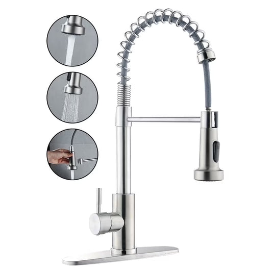 Kitchen Sink Faucet, Kitchen Faucets with Pull down Sprayer Stainless Steel Single Handle Single Hole Brushed Nickel Commercial Industrial Spring Pull Out Laundry Farmhouse Kitchen Faucet