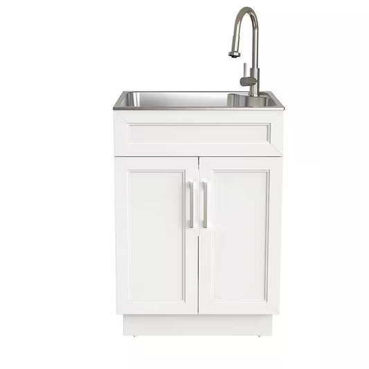24 In. Drop-In Stainless Steel Laundry Sink with Assembled Cabinet in White with Faucet