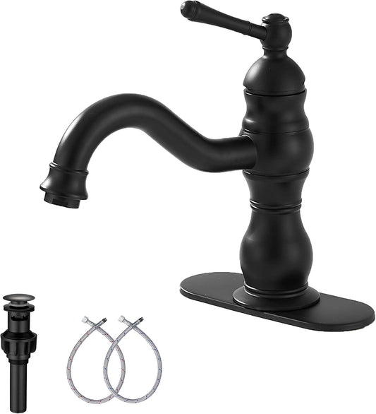 Matte Black Bathroom Faucet  360° Swivel Bathroom Vanity Faucet Single Handle One Hole Black Bathroom Sink Faucet Basin Matching Pop up Drain with Overflow