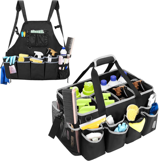 Extra-Large Wearable Cleaning Caddy & Large Cleaning Apron, Cleaning Organizer Bag with Pad, Handle & House Cleaning Apron with Dual Shoulder Straps for Cleaning Tools Storage, Gray Edge