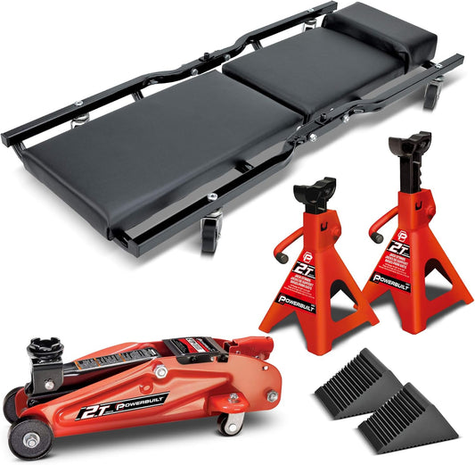 6 Piece Car Jack and Garage Creeper Service Set, 2 Ton Vehicle Lift, Jackstands, Folding Creeper, Wheel Chocks, Car Repair Garage Equipment - 640816, Large, Red