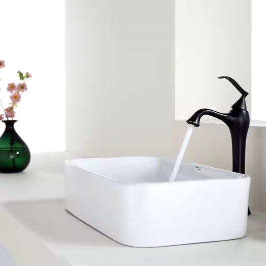 Elavo 19.3 In. Soft Rectangular Vessel Bathroom Sink in White Vitreous China with Pop up Drain in Oil Rubbed Bronze