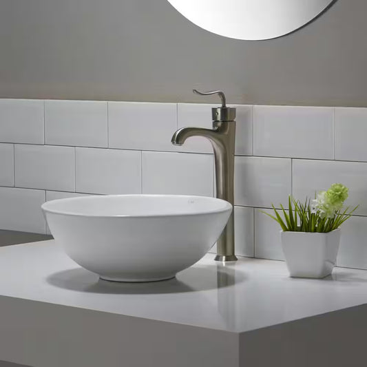 Elavo 13.8 In. round Vessel Bathroom Sink in White Vitreous China with Pop up Drain in Oil Rubbed Bronze