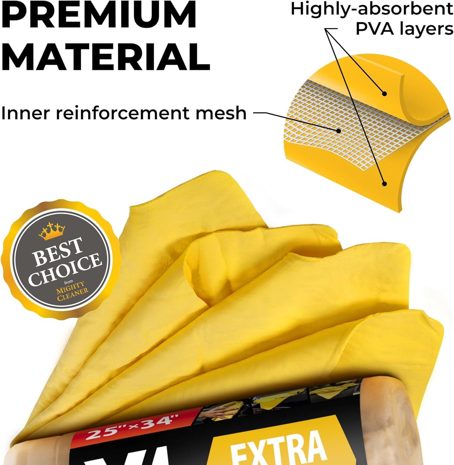 Premium XL Shammy Towel for Car - 2Pk (34”X25”) - Super Absorbent Chamois Cloth - Spots & Scratch-Free - Reusable Car Drying Towels