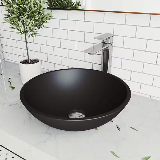 Cavalli Modern Black Matte Shell Glass15 In. L X 15 In. W X 5 In. H round Vessel Bathroom Sink