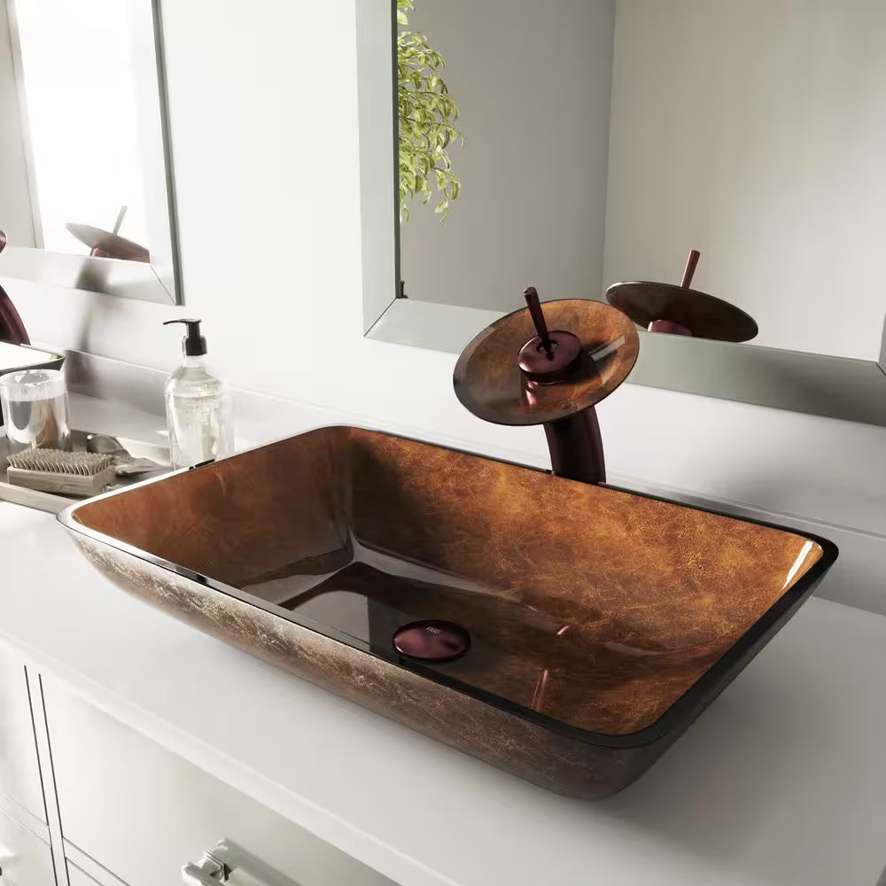 Donatello Artistic Chocolate Brown Glass 23 In. L X 15 In. W X 5 In. H Rectangular Vessel Bathroom Sink