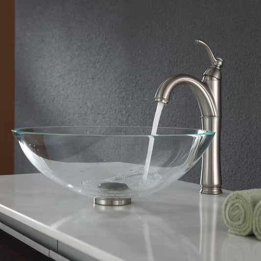 Single-Tone 16.5 In. round Vessel Bathroom Sink in Clear Glass with Pop-Up Drain and Mounting Ring in Satin Nickel